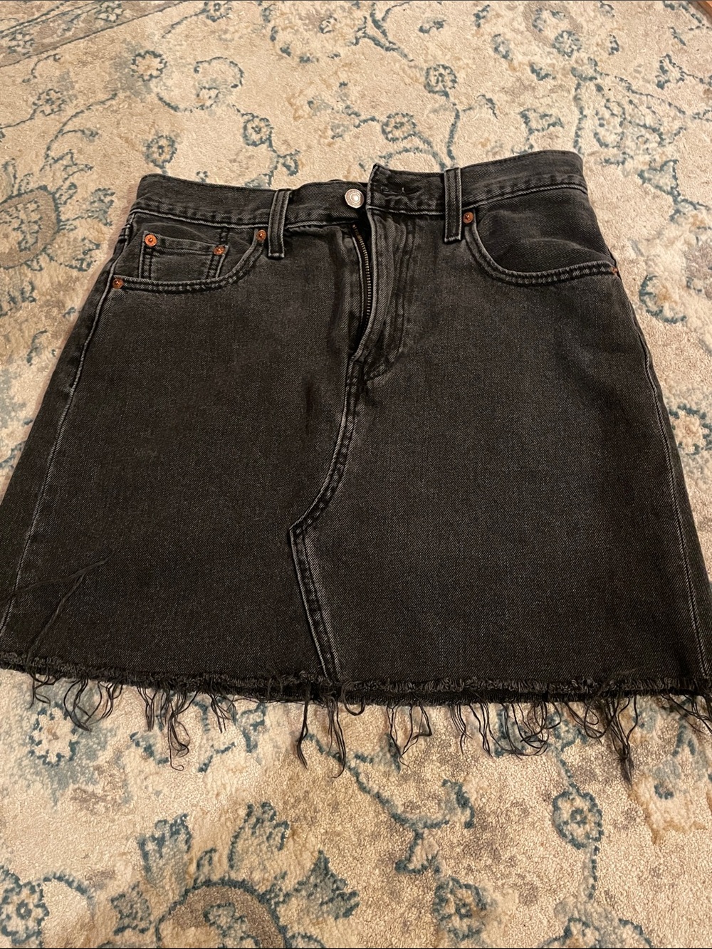 High-Rise Black Denim Mini Skirt with Raw Hem